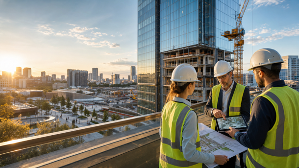 TCA team reviewing plans on a rooftop construction site at sunset