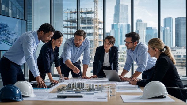 TCA team reviewing a building model and drawings around a table