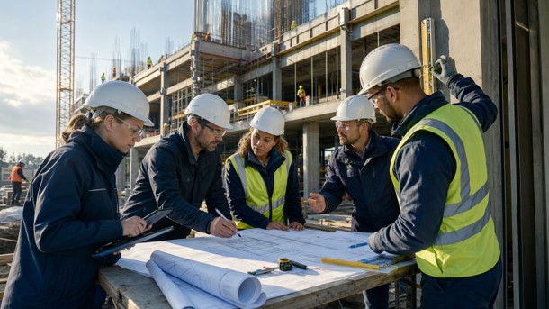 TCA team reviewing blueprints at a concrete structure construction site