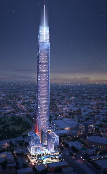 Illuminated high-rise tower at night