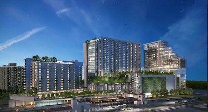 Completed mixed-use residential and retail development at dusk