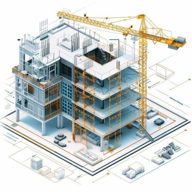 Isometric BIM model of a building under construction